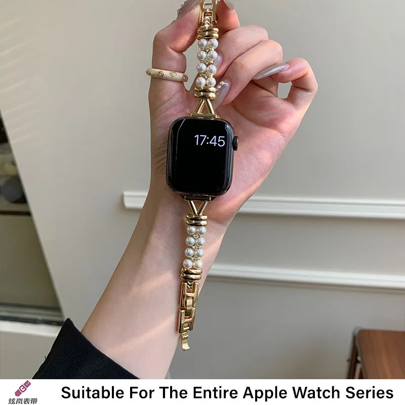 Bracciale di perle socialite di lusso leggero compatibile con cinturino iWatch 38mm 40mm 41mm 42mm 44mm 45mm 49mm cinturino fatto a mano