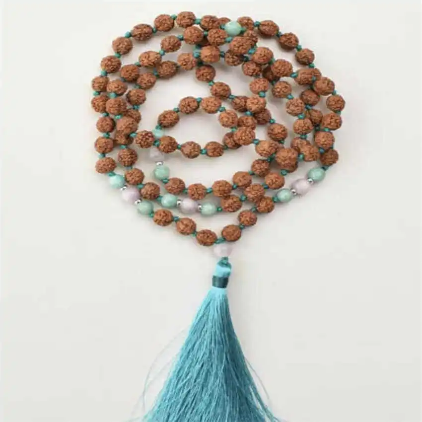 

8mm 108 Bead Rudraksha knot tassel Mala Necklace Bohemian Tranquility Peace Gemstone accessory Metal Gift Men