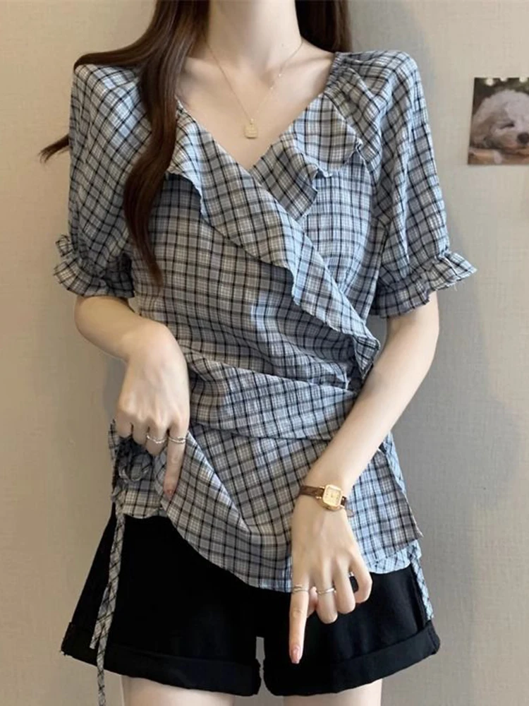 

Ruffles Vintage Plaid Blouse Women Causal Sweet Slim Short Sleeve Shirt Korean Retro Female Lace Up Elegant Design Tops New