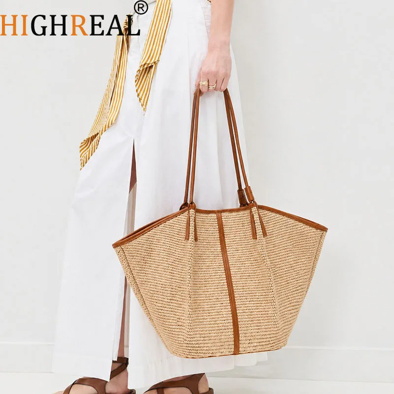 

Large Capacity Straw Woven Tote Bag Drawstring Handbag Street Trend Spring Summer New Style Casual Travel Shoulder Bag for Women