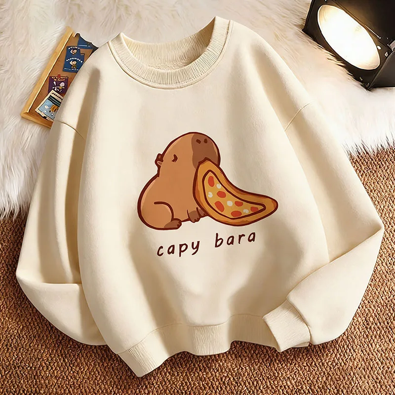 

Модная толстовка с принтом капибары, едящей еду, детская толстовка с круглым вырезом, милая толстовка для мальчиков и девочек, осенне-весенние повседневные худи