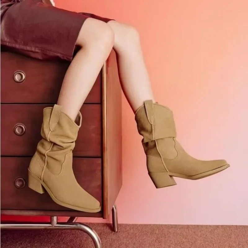 Botas vaqueras occidentales para mujer, zapatos de media pantorrilla de cuero PU con volantes, tacón grueso y Punta puntiaguda, Retro, Otoño e Invierno