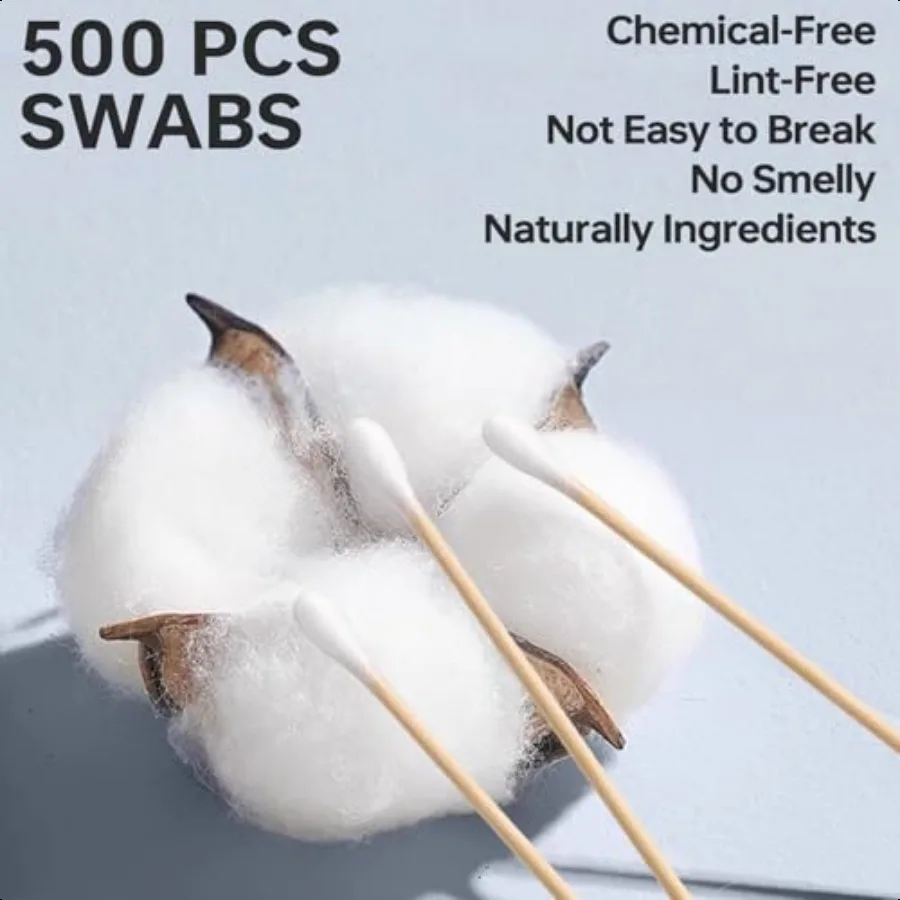 Tamponi di cotone 500 punte spesse doppie rotonde da 3 pollici bastoncini di legno resistenti e biodegradabili ecologici tamponi di cotone per orecchie resistenti
