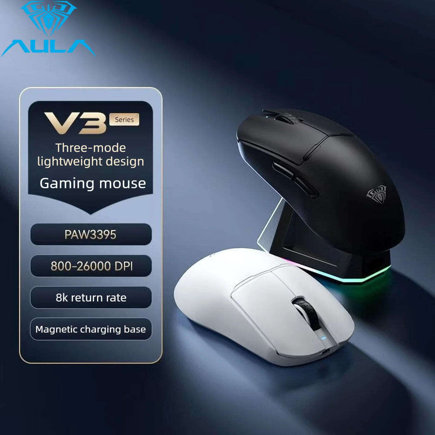 AULA Tri-mode Wireless Gaming Mouse 59g Ultra Lightweight PAW3395 RGB Macro Programmable Ergonomic Esports Mouse 2.4G Bluetoo