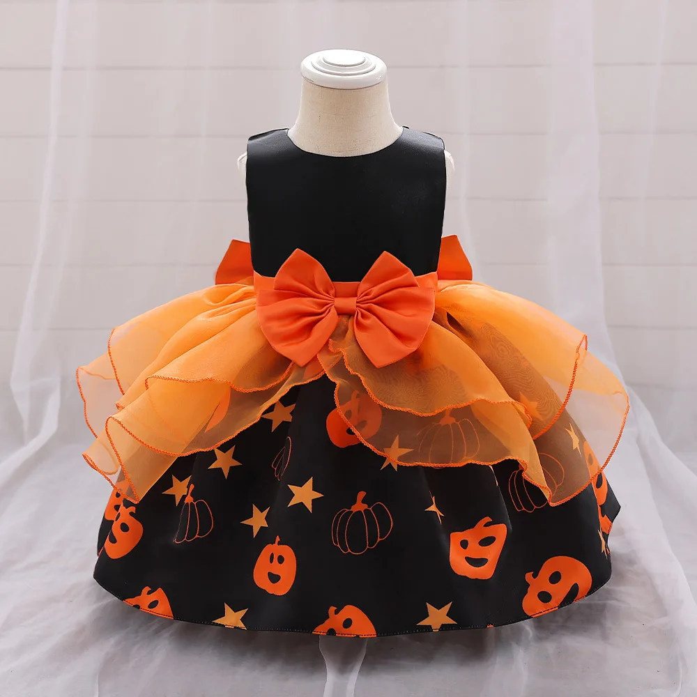 2023 New Children's Halloween Little Witch Performance Costume Girl Cosplay Sleeveless Dress Girls Pumpkin Makeup Ball Gown