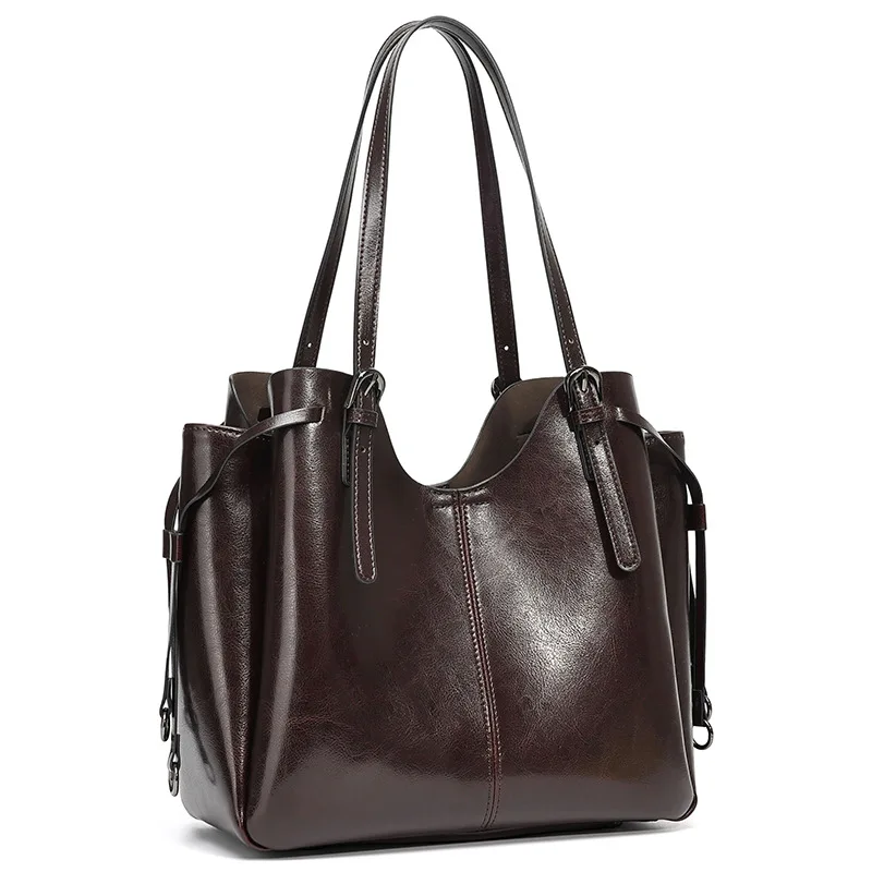 High-quality Genuine Leather Vintage Waxed Leather Tote Bag For Women New Premium Handbag Large-capacity Commuter Shoulder Bag
