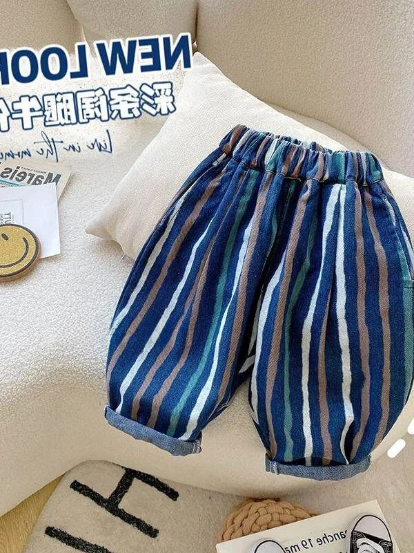 Calças Harem para Bebês Meninos Primavera/Outono, Jeans de Perna Larga, Calças Listradas para Crianças, Roupas Infantis da Mo...