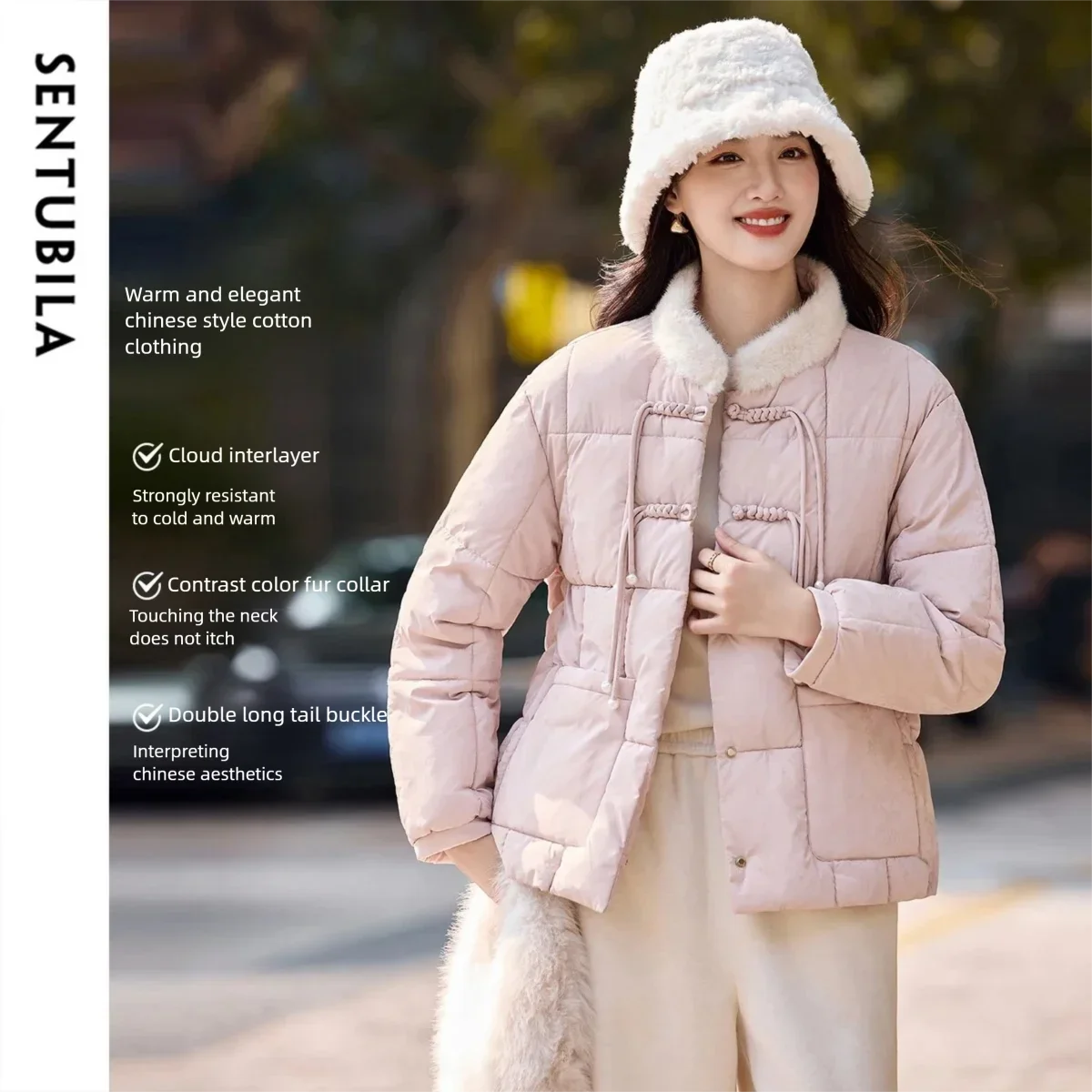 

Зимняя утепленная куртка SENTUBILA для женщин, верхняя одежда 2025, в китайском стиле, с контрастным воротником из искусственного меха, жаккардовая парка W54MA4671