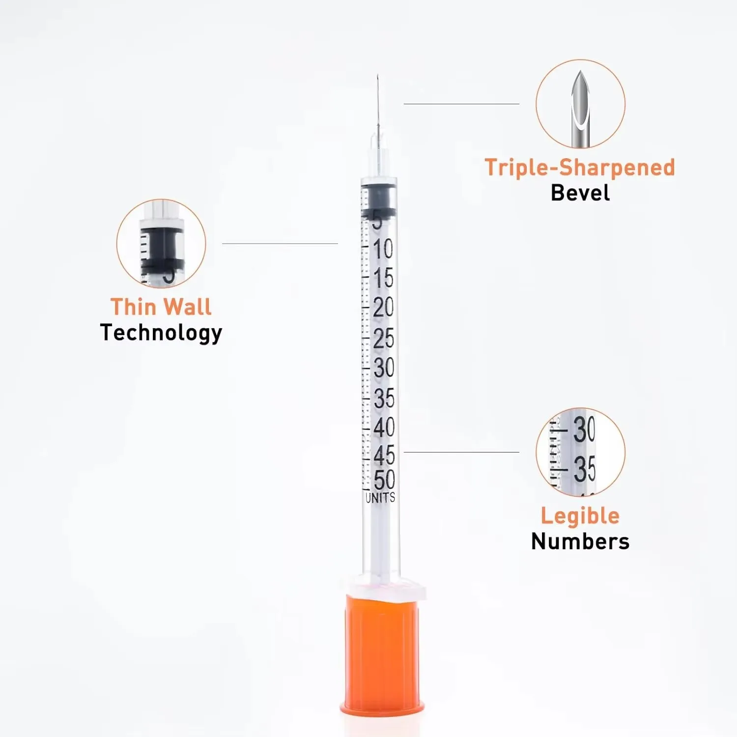 0.5ml Disposable Insulin Syringes with Needle, Clear Scale Injection Syringe, Orange Cap, 14Pcs for Insulin Application