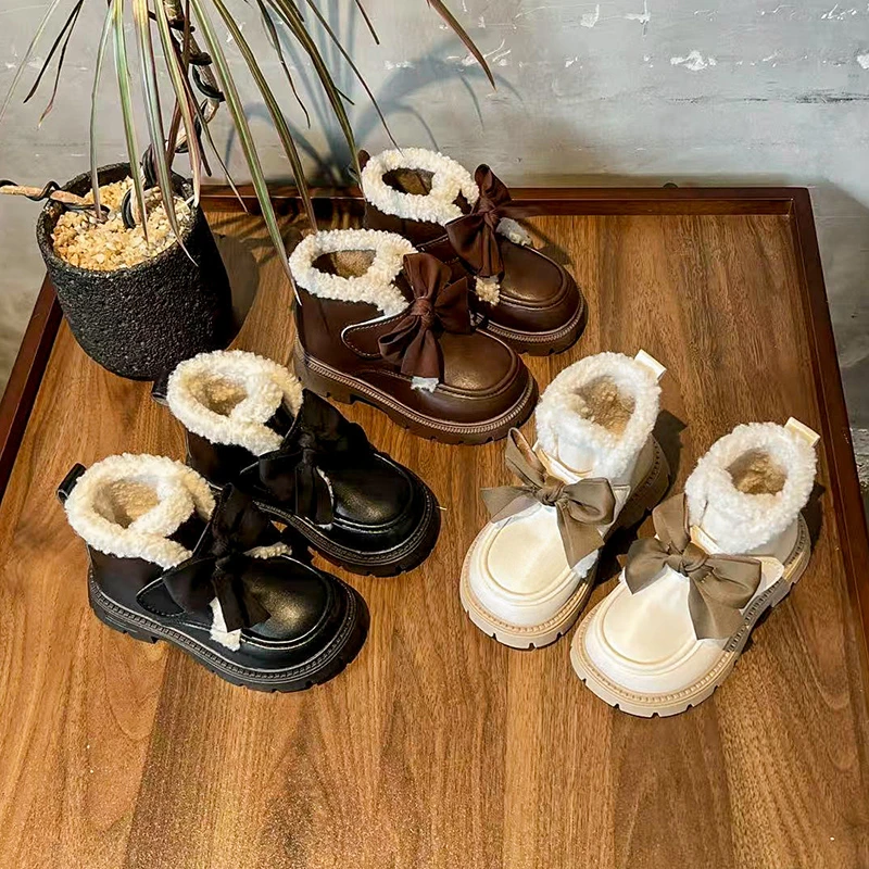 Little Girls Bowknot Leather Ankle Boots 2026 New Winter Kids Plush Lining Boots Non-slip Simple Princess School Party Footwear