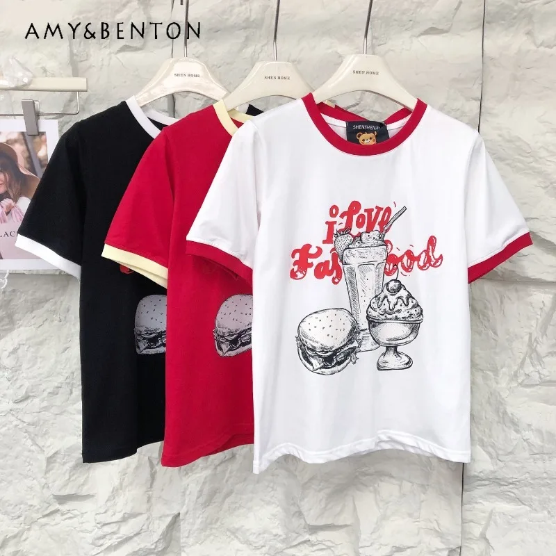 

New Korean Style Retro Fun Letter Printing Pure Cotton Tees Contrasting Color Edge O-neck Fashion Casual Short-sleeved T-shirts