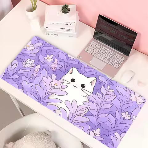 White Black Cat Leather Mouse Pad PC Green Plants Flower Gaming Keyboard Rug Laptop Anime Gamer Cabint Mousepad Cute Desk Mat