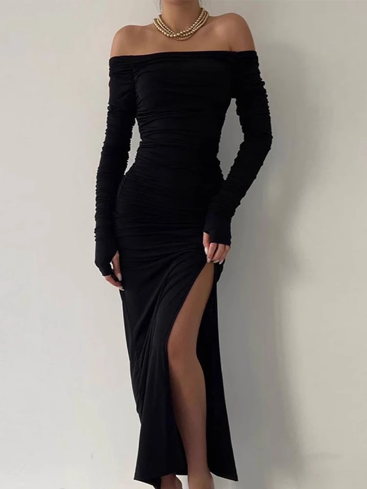 Women Black Goth Bodycon Dress Vintage Long Sleeve Long Dresses with Slit Y2k Elegant Party Club One Piece Frocks 2000s Clothes