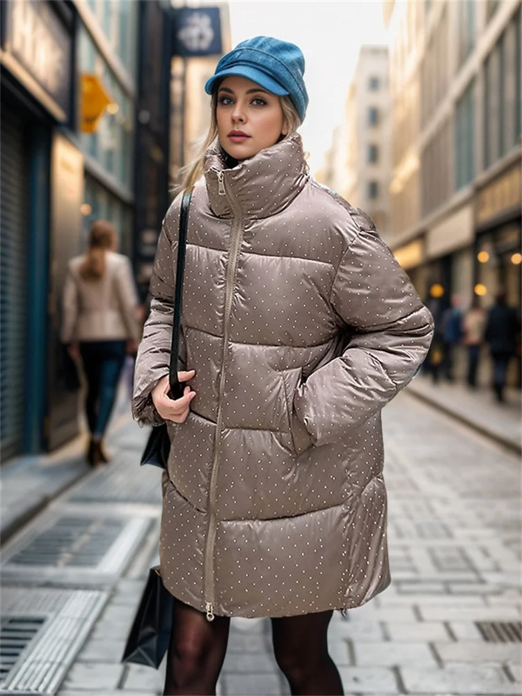 Oversize Woman Puffer Jacket 2024 Brilliant Diamond Midi Length Padded Insulated Stand Collar Fashionable Casual Padded Clothes