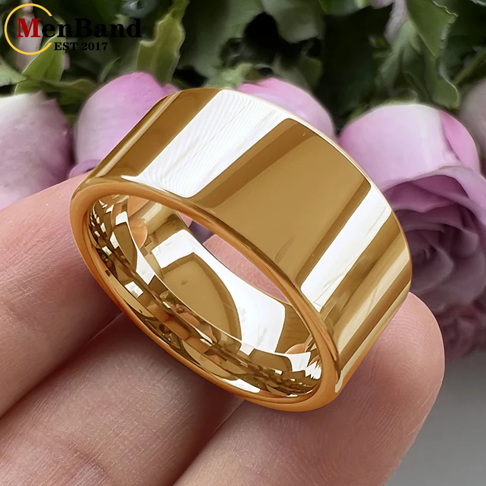 Męski pierścień w kolorze złotym, szerokość 10MM 12MM, błyszczący, duży pierścień męski, lśniący pierścień ślubny z wykończeniem z wolframu, płaski design, wygodny krój.