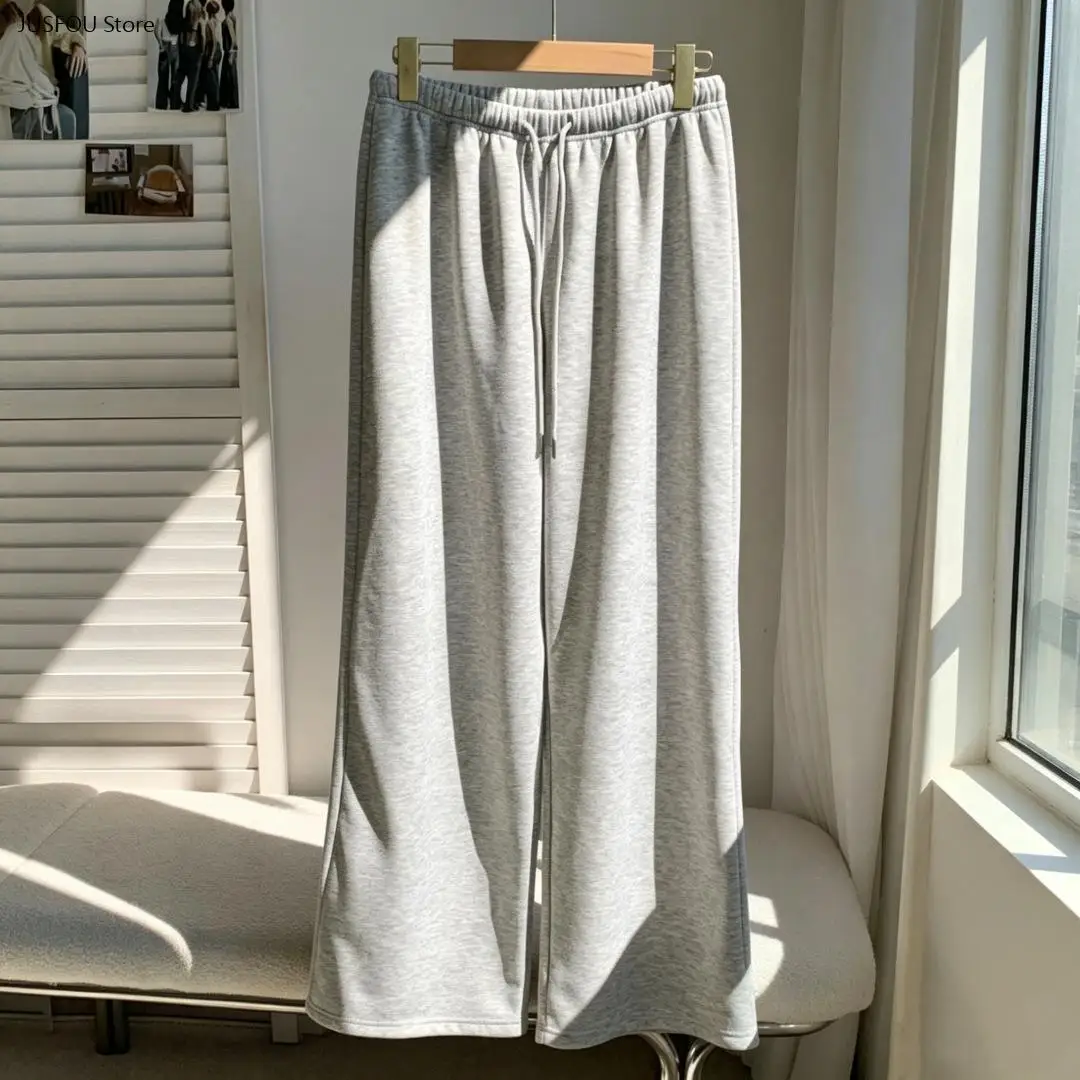 Women's Simple Lazy Style Sherpa Lined Wide Leg Sweatpants, High Waist Drawstring Loose Casual Trousers, Thick Warm Loungewear