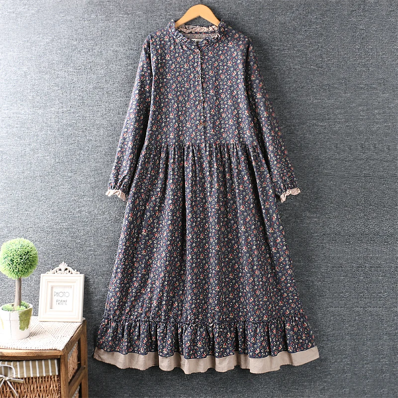 2022 New Summer Artistic Hipster Ruffled Floral Dress Cotton and Linen Loose Dress Female