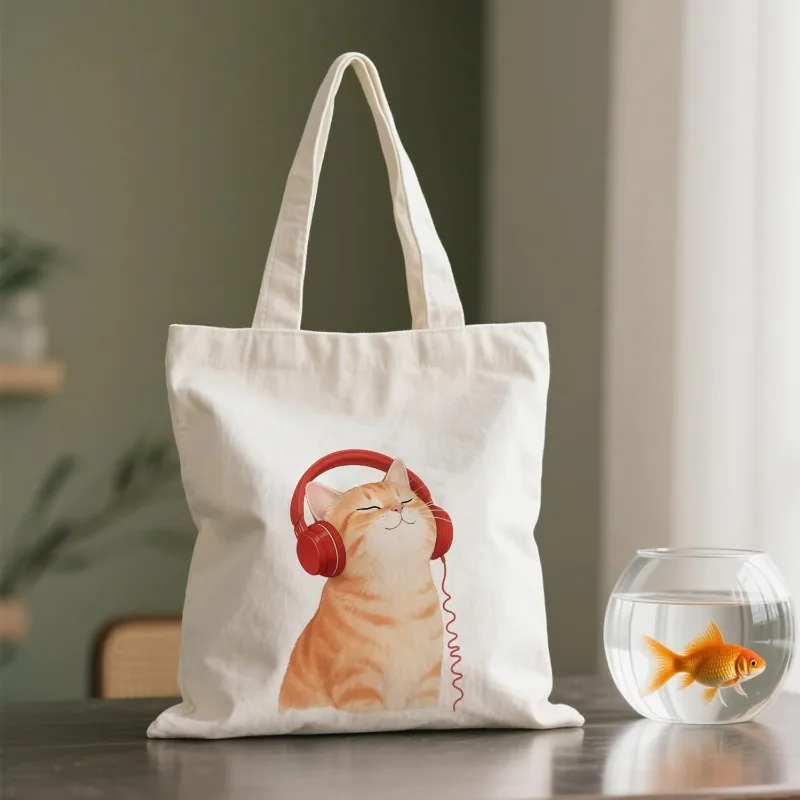 

Холщовая сумка с милым оранжевым котом, наушники с кошачьим дизайном, женская повседневная большая сумка, художественная иллюстрация, многоразовая сумка для покупок для ежедневного использования
