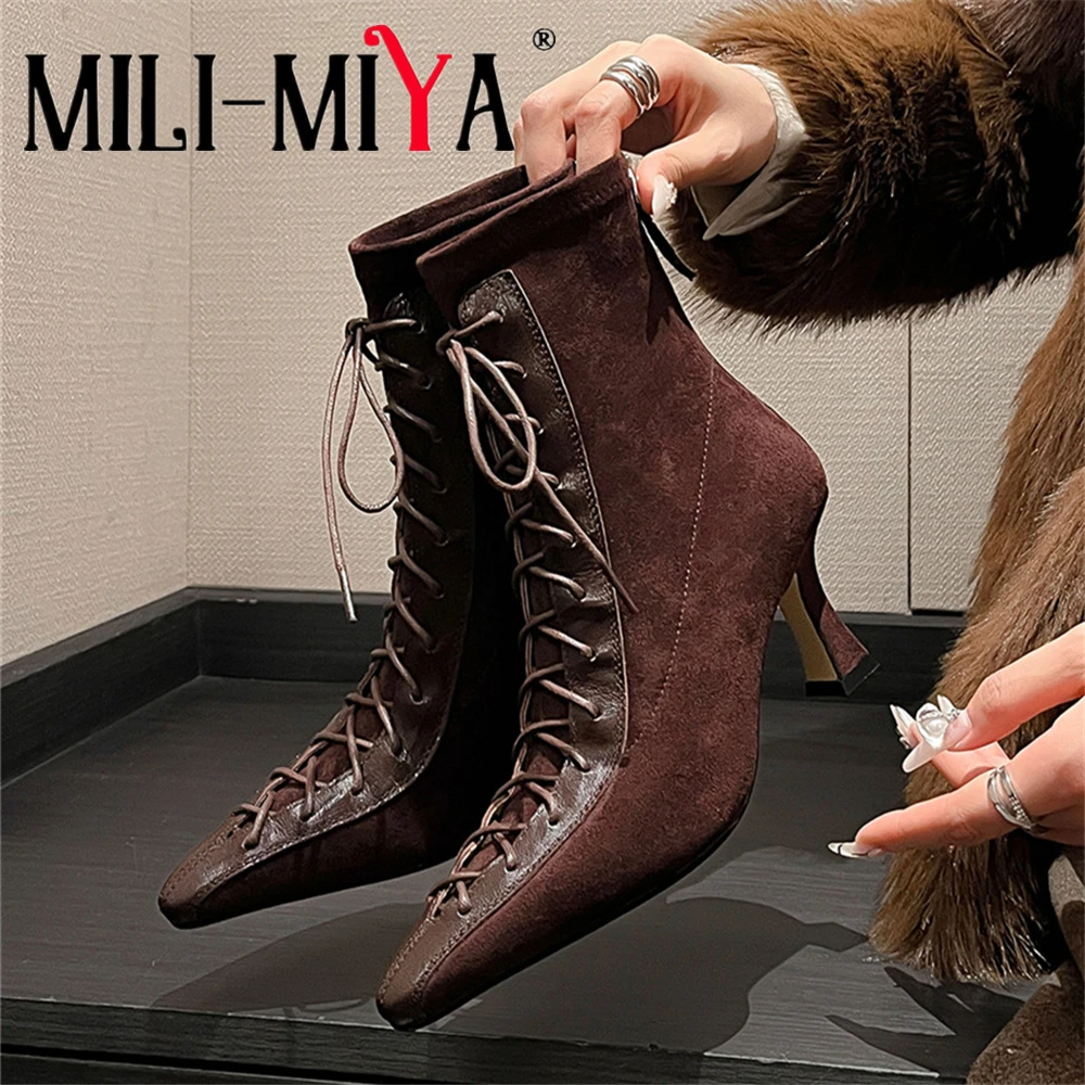 MILI-MIYA Botines de moda marrón y negro para mujer, tacón alto fino, punta puntiaguda, con cordones y cremallera, estilo británico, zapatos de otoño e invierno