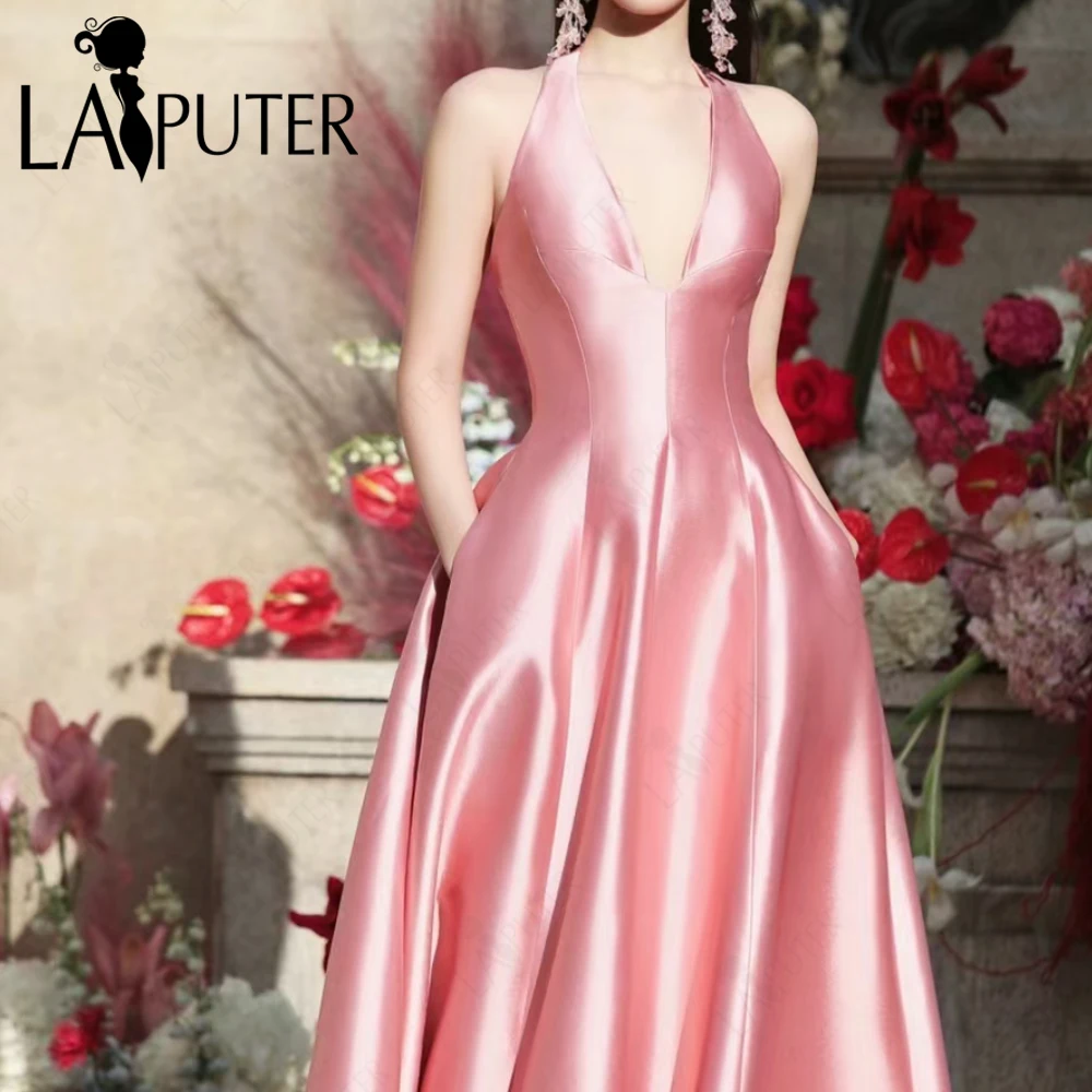 Unique Cut Pink Evening Dresses Simple Pink Satin A line Prom Gown Halter V neck Celebrity Dress Box Pleat New Design 2024