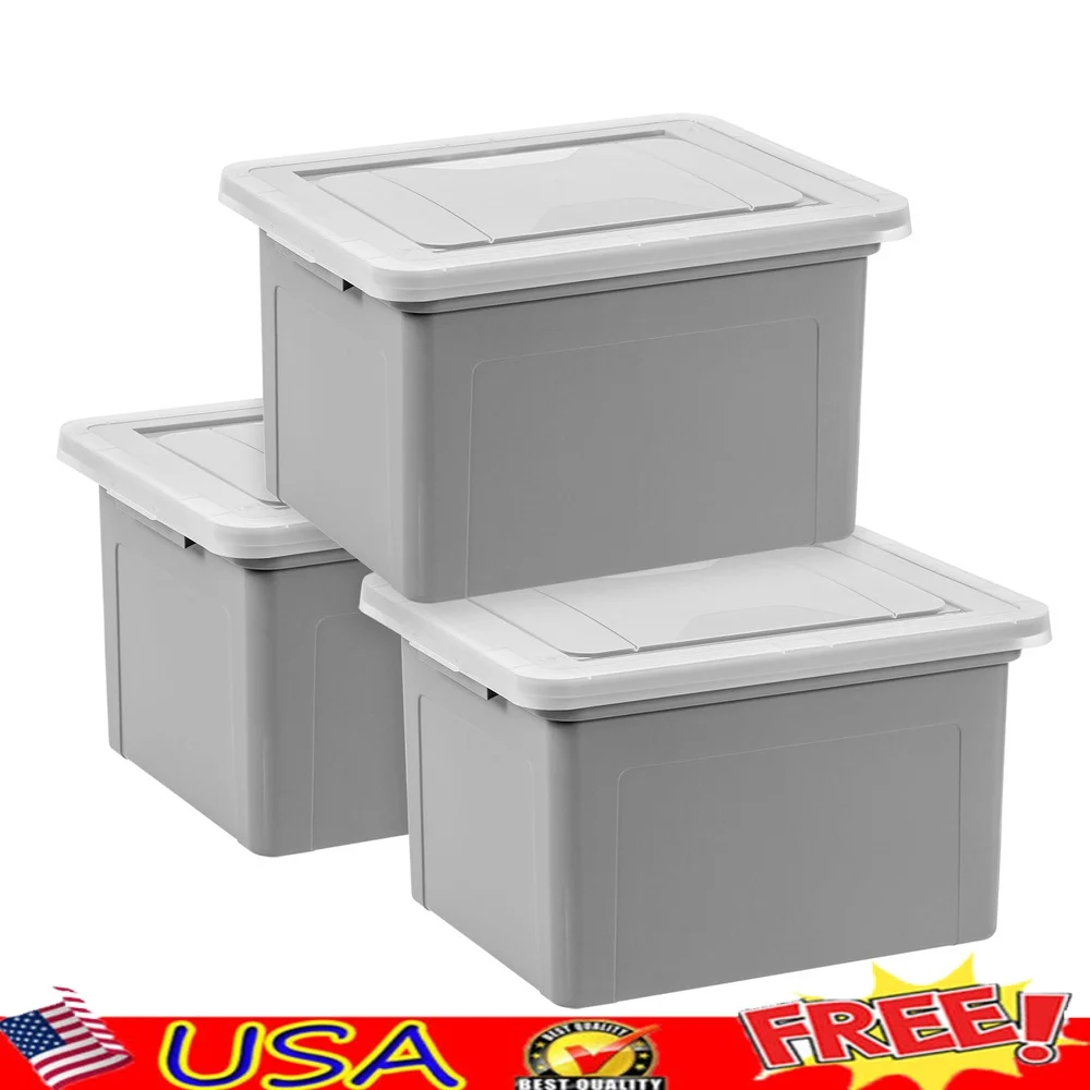 

Durable Plastic Storage Bins File Boxes Set of 3 Stackable Snap Tight Lid Organize Legal Letter Size Documents Home Office