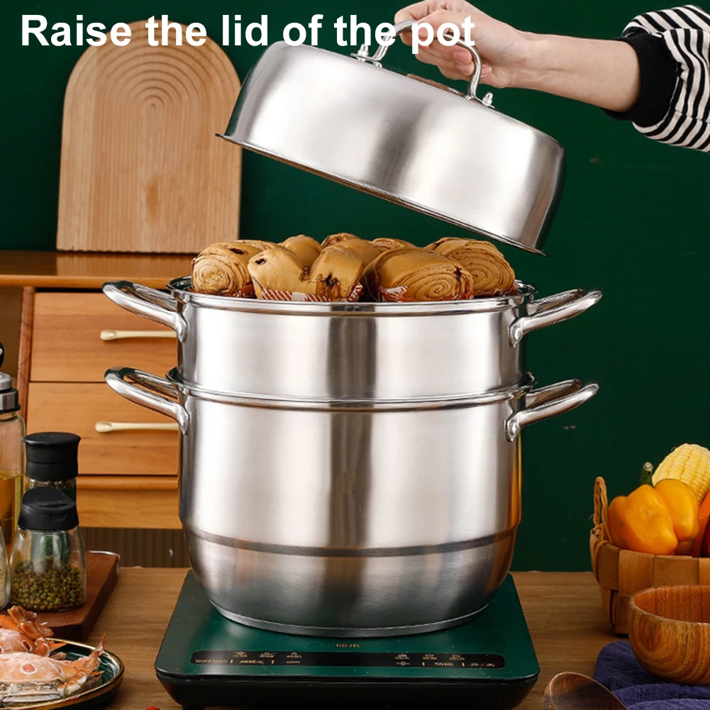 

11inch 3 Tier Stainless Steel Steaming Cooker Steamer Pot with Lid&Handle Steamer Pot Thick Food Steamer for Vegetable Dumpling