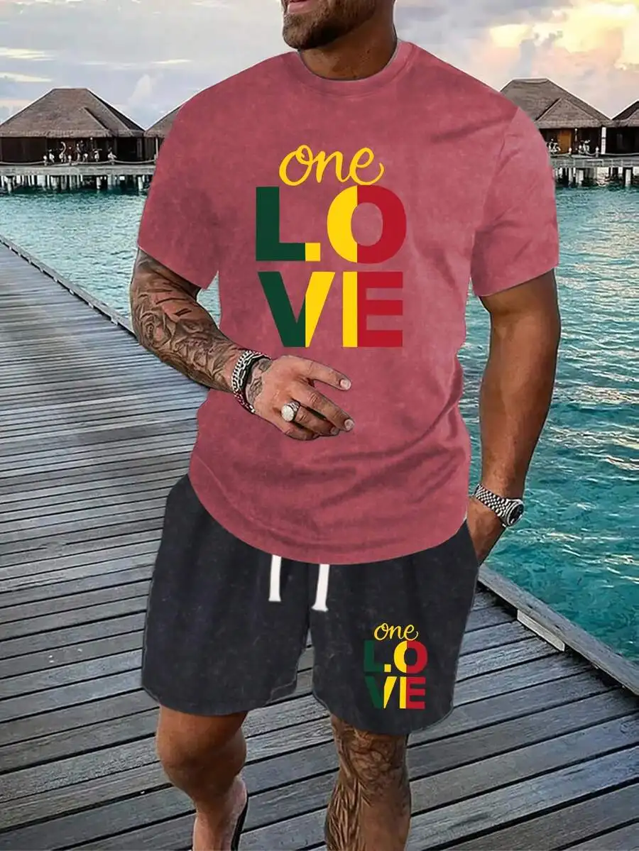 

Mens Washed Cotton Two-Piece Set: One Love Reggae Print Tee And Drawstring Shorts, Streetwear Summer Outfit