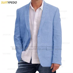 Blue Linen Men Blazers Fashion Slim Fit 2 Buttons Suit Jacket 2023 Summer Business Wedding Tuxedo Casual Beach Mens Coat 1 Piece