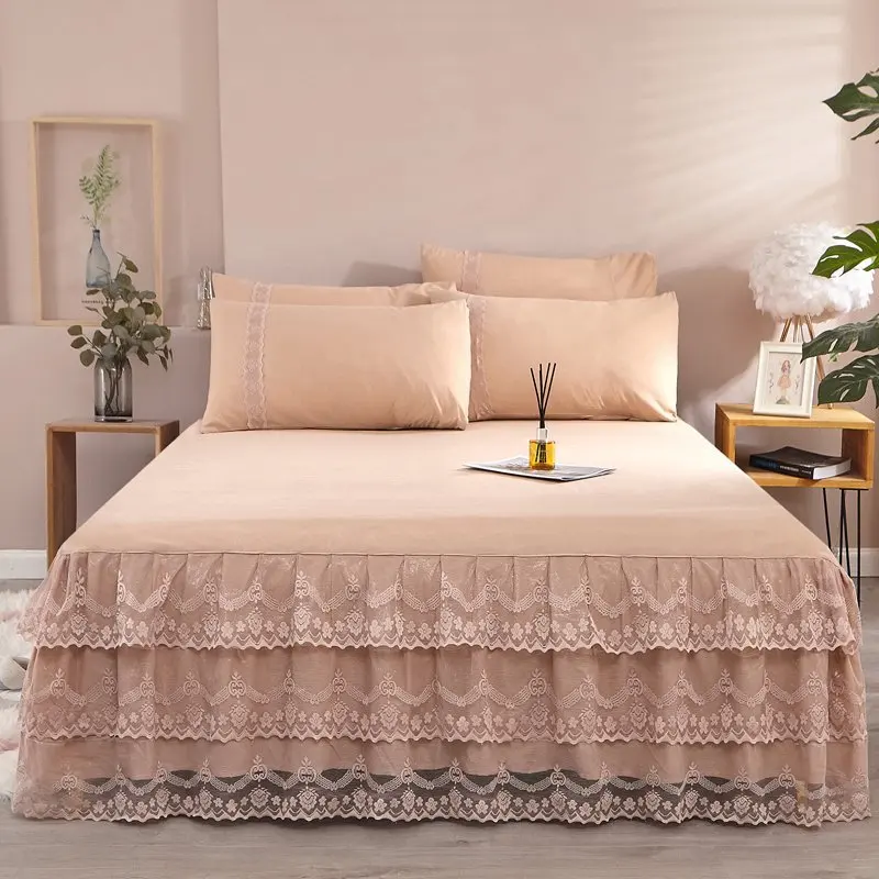 Conjunto de saia de cama com babados, capa de colchão antiderrapante, estilo princesa, sem pilling, quarto, 3 peças