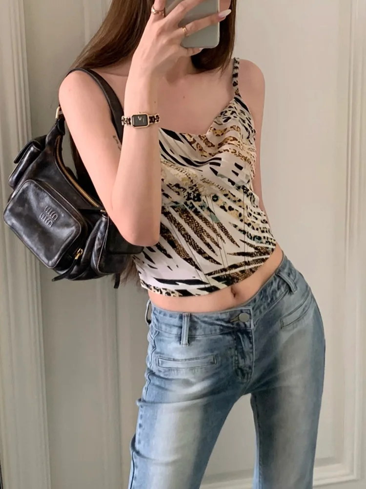 

Y2k Tops Summer Sleeveless Leopard Print Sling Tops Women's Tank Top Retro Sling 90S Aesthetic Bottoming Top