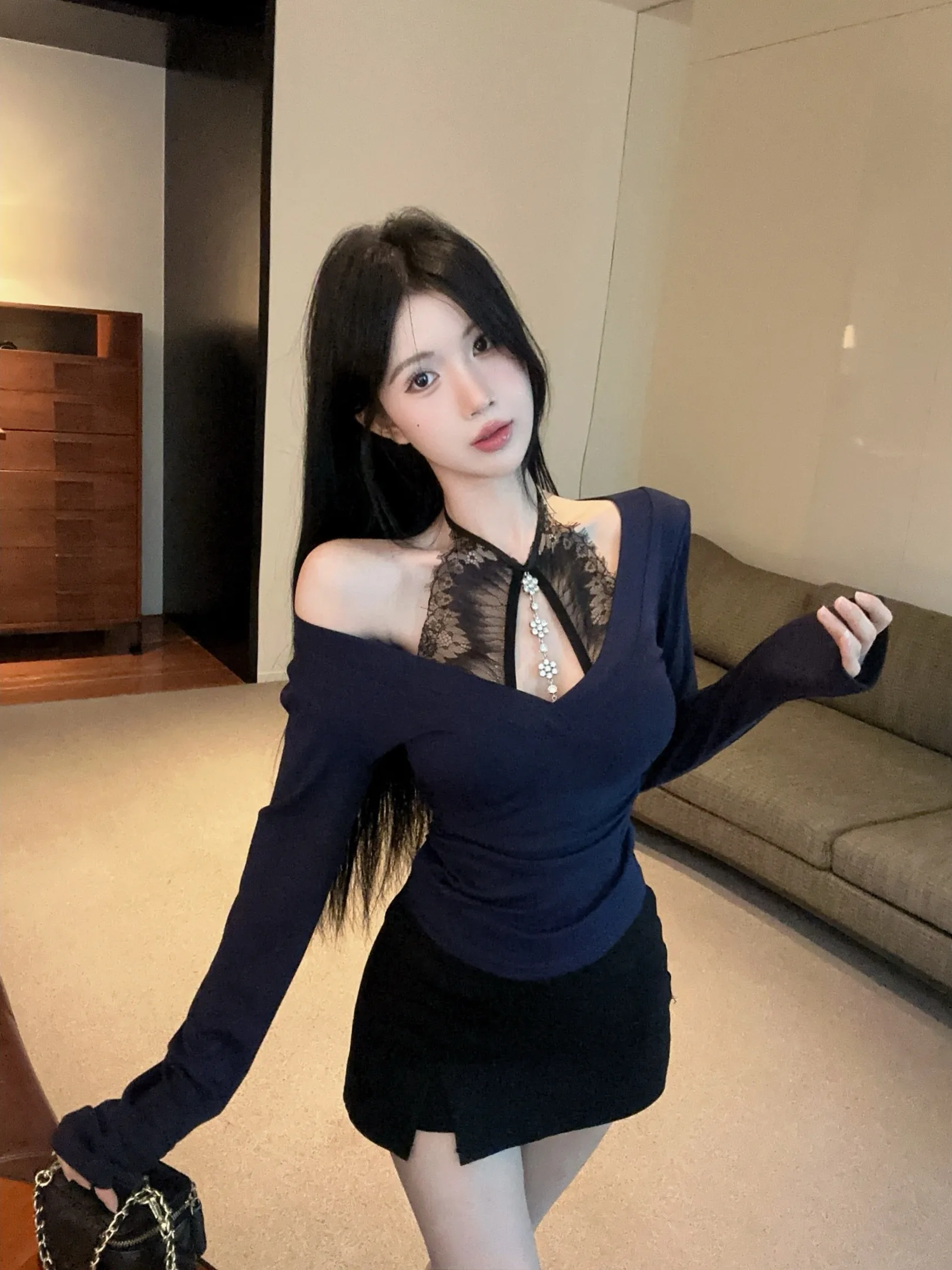 Ele Heavy Rhinestone Lace Ne Hanging V-Ne Long Sve T-shirt Falso in due pezzi Pure Desire Sle Cotone Lino Primavera Su...