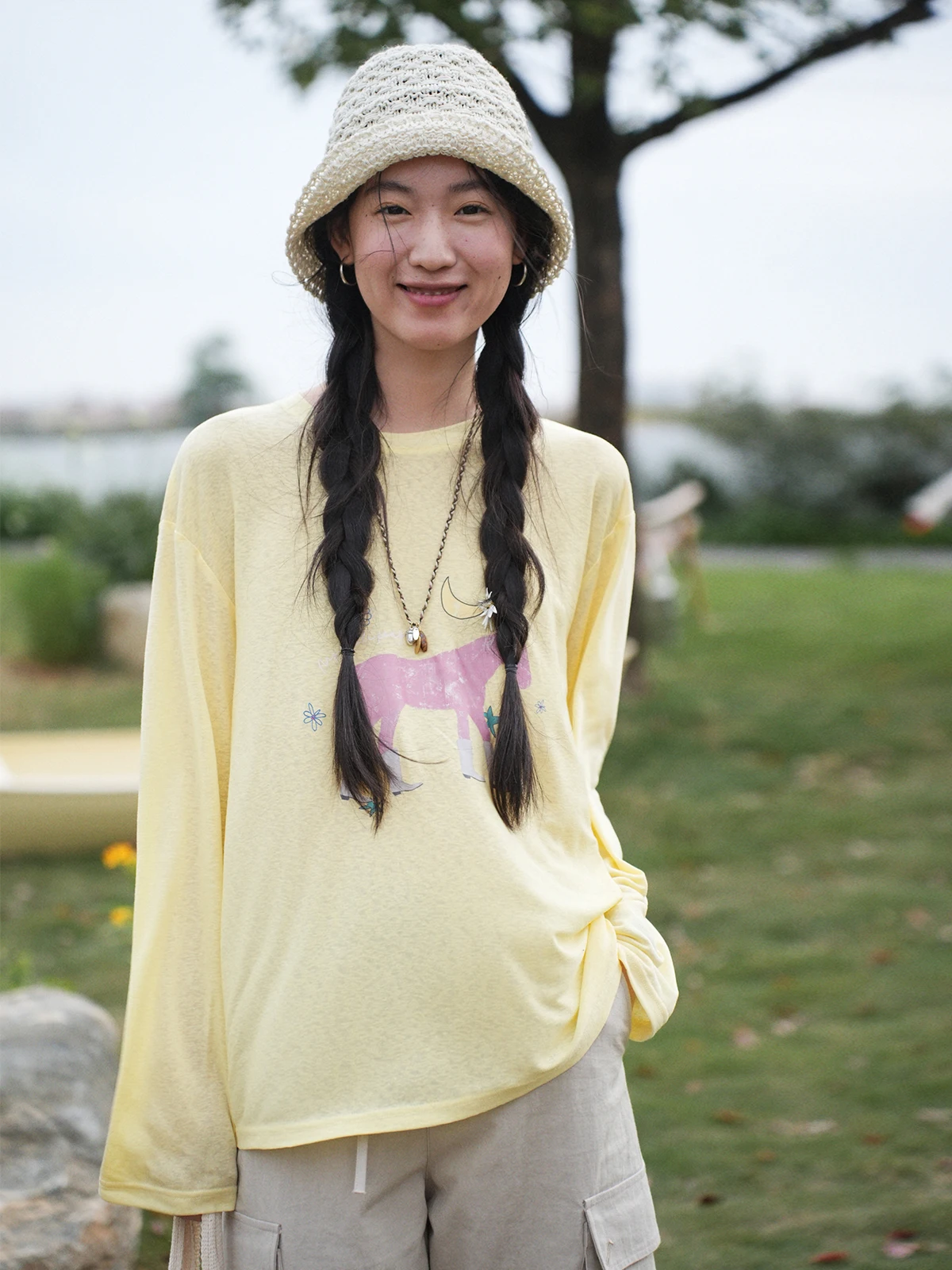 

Botanique Plant Science 'Happy Little ' Lyocell Linen Knitted T-Shirt Women's Casual Print Long Sleeve round Neck Top