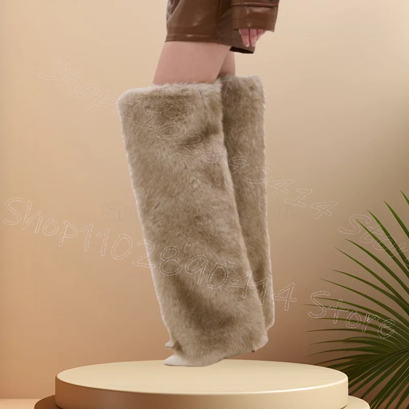 Beige Fur Turned Over Pointed Toe Boots Slip On Women Shoes Thin High Heels Fashion Party Runway Dating 2025 Zapatos Para Mujere