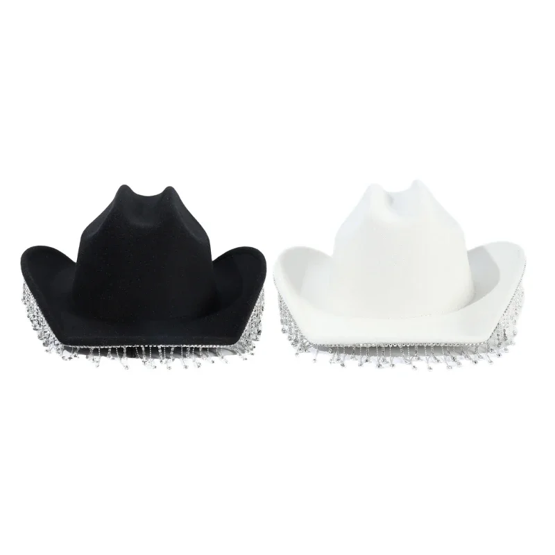 

Cowboy Hat for Girls Rhinestones Tassels Glittering Cowgirl Hat White Black Wholesale