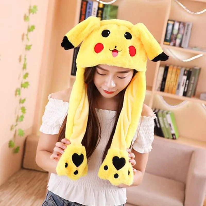 Anime Pokemon Pikachu Women Hat Beanie Can Moving Bunny Ears Hat with Shine Earflap Movable Ears Casual Animal Cap Beanies Gift