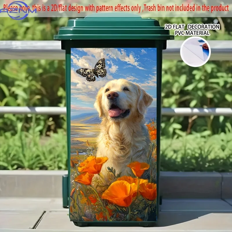 1pc 2D/FLAT,Self - Adhesive Dustbin Stickers,.01x81.99cm,Golden Retriever with Butterfly and ,Creative Trash Bin Sticker,Appli