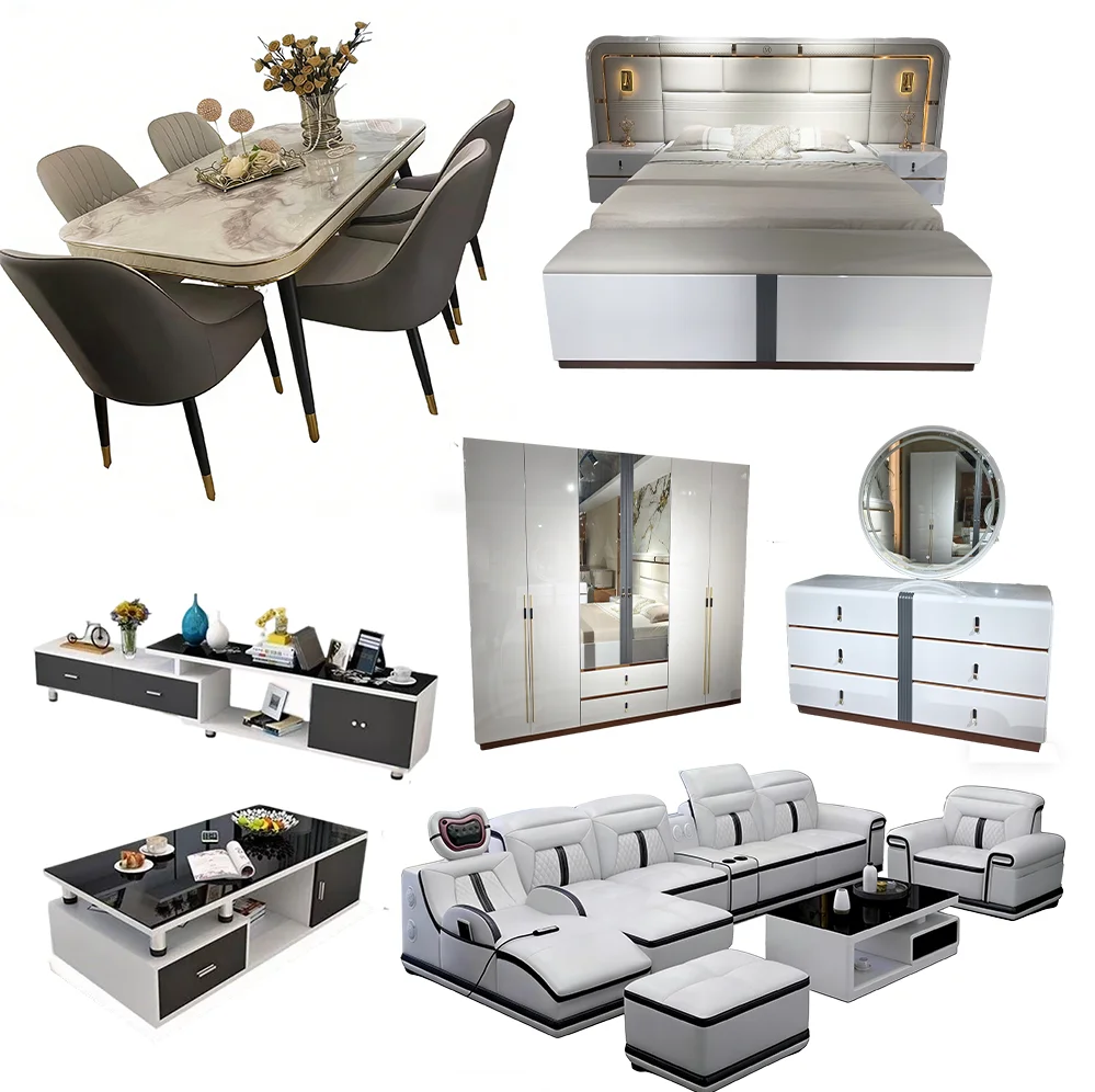 &European Wooden Home Furniture Sofa Dining Table Chair Bed Nightstand Luxury Large Bedroom Furniture Set