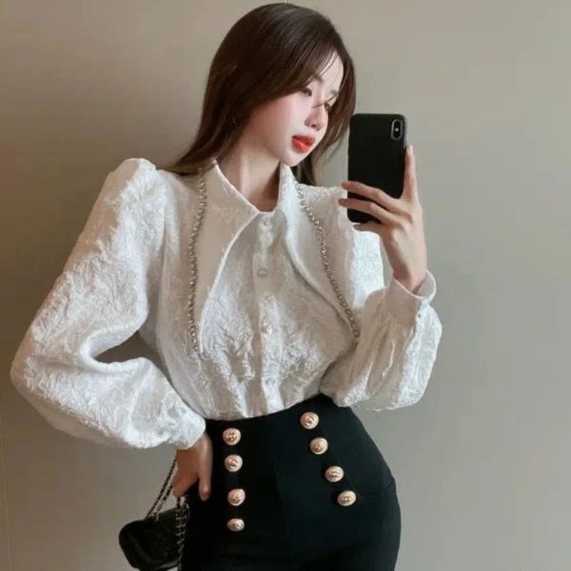 Women Vintage Beaded Chic Pointed Collar Design Button Up Shirt Autumn Fashion Office Lady White Blouse Elegant Long Sleeve Tops