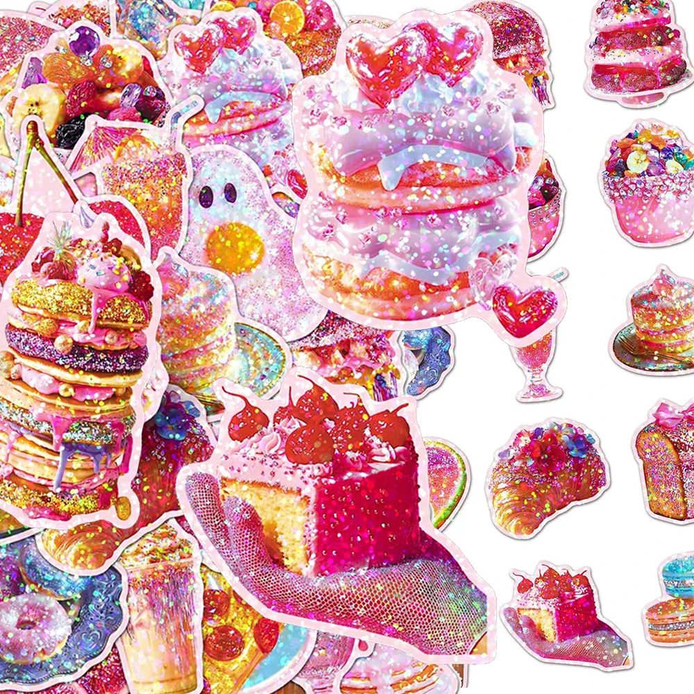 

10/30/50pcs Laser Dessert Delicious Food Stickers Ins Style Cute Cake Fruit Sticker DIY Scrapbook Fridge Phone Kawaii Decals Toy