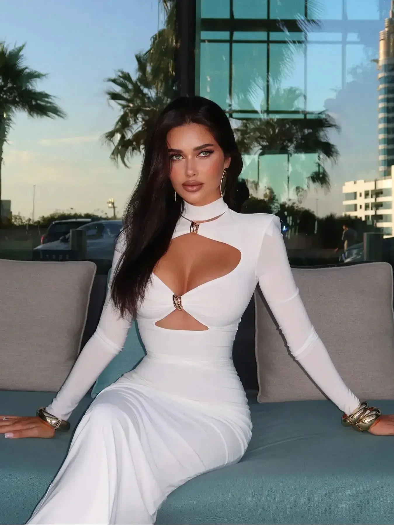 Robe découpée femmes col en V à manches longues décontracté colonne été Sexy col roulé fête robes mi-longues robe