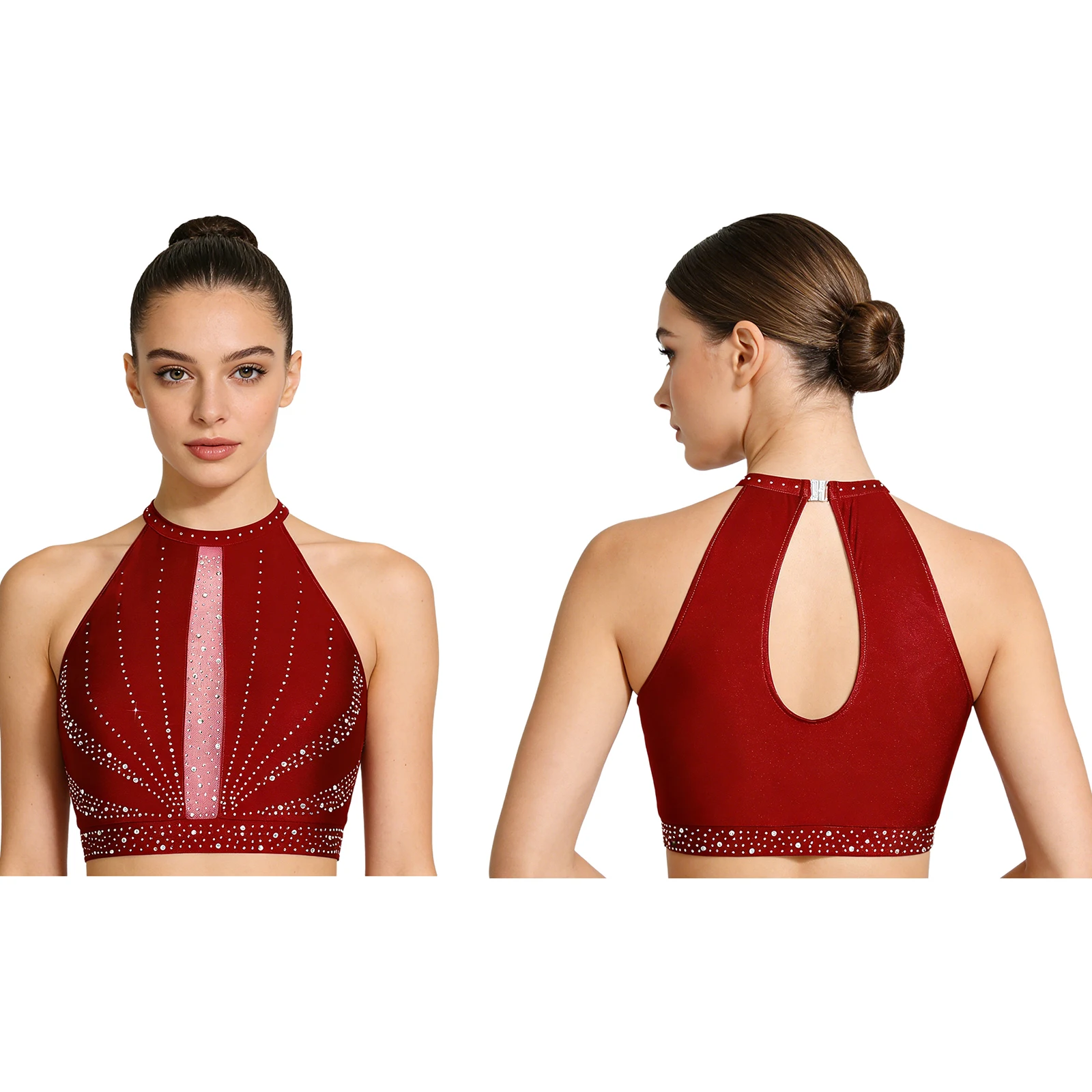 Vrouwen Moderne Lyrische Danskostuum Kunstschaatsen Gymnastiek Acrobatiek Dancewear Strass Crop Tank Top Shimmy Mesh Broek