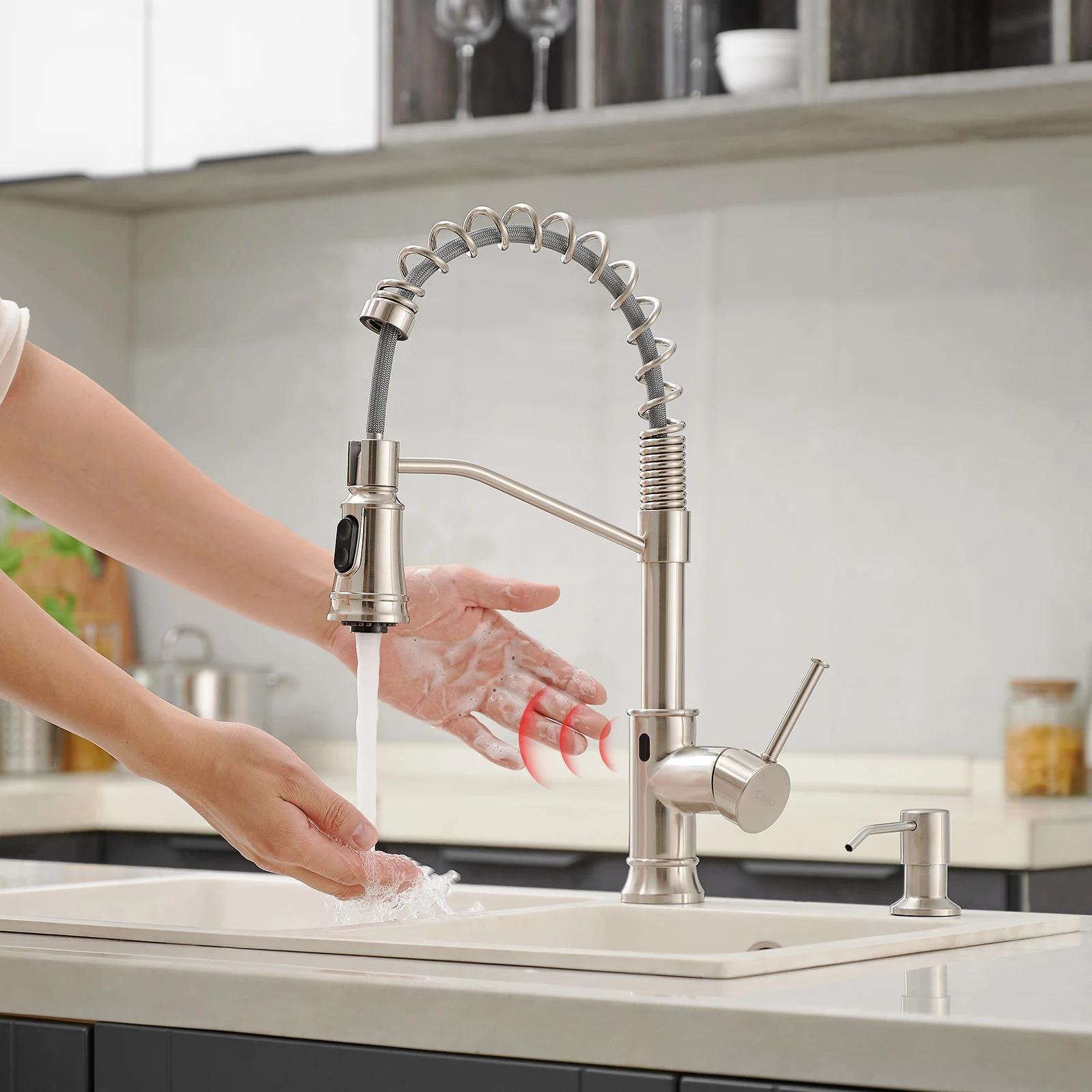 FLG Kitchen Faucet with Pull Down Sprayer High Arc Single Handle Spring Kitchen Sink  Brushed Nickel Modern Kitchen Faucets