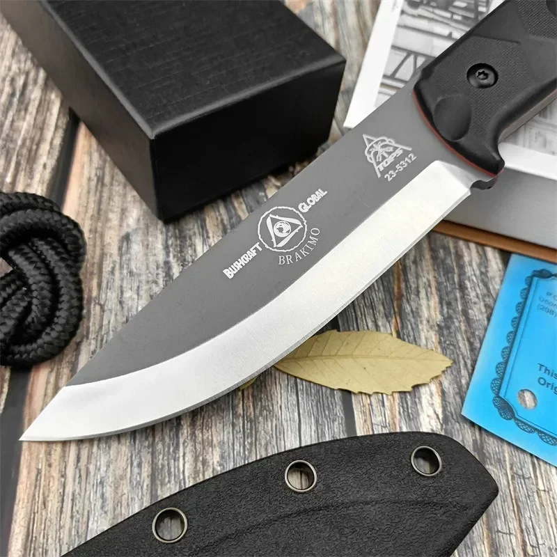 High Harness TOPS Brakimo Outdoor Combat Fixed Knife D2 Blade with Scabbard Portable EDC Camping Hunting Survival Tool