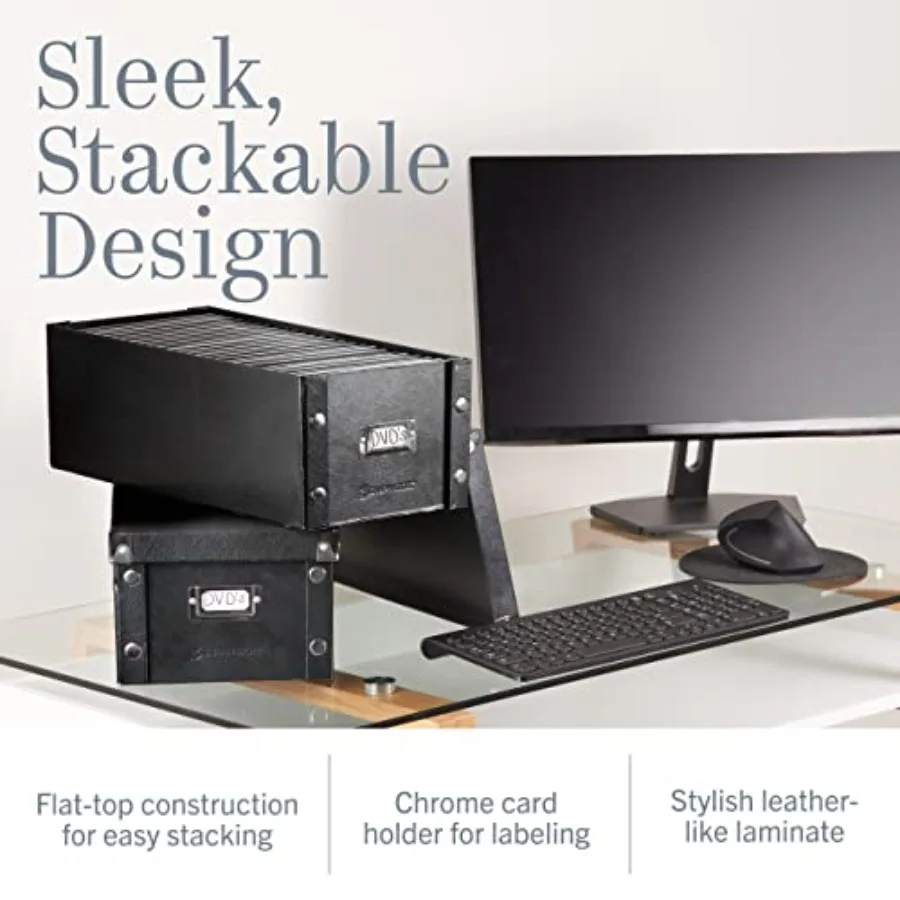 Paquete de 2 cajas de almacenamiento de DVD duraderas de 6x8,2x16,5 pulgadas con tapas para organizar hasta 52 fundas de discos de películas, ideales para entreti en el hogar