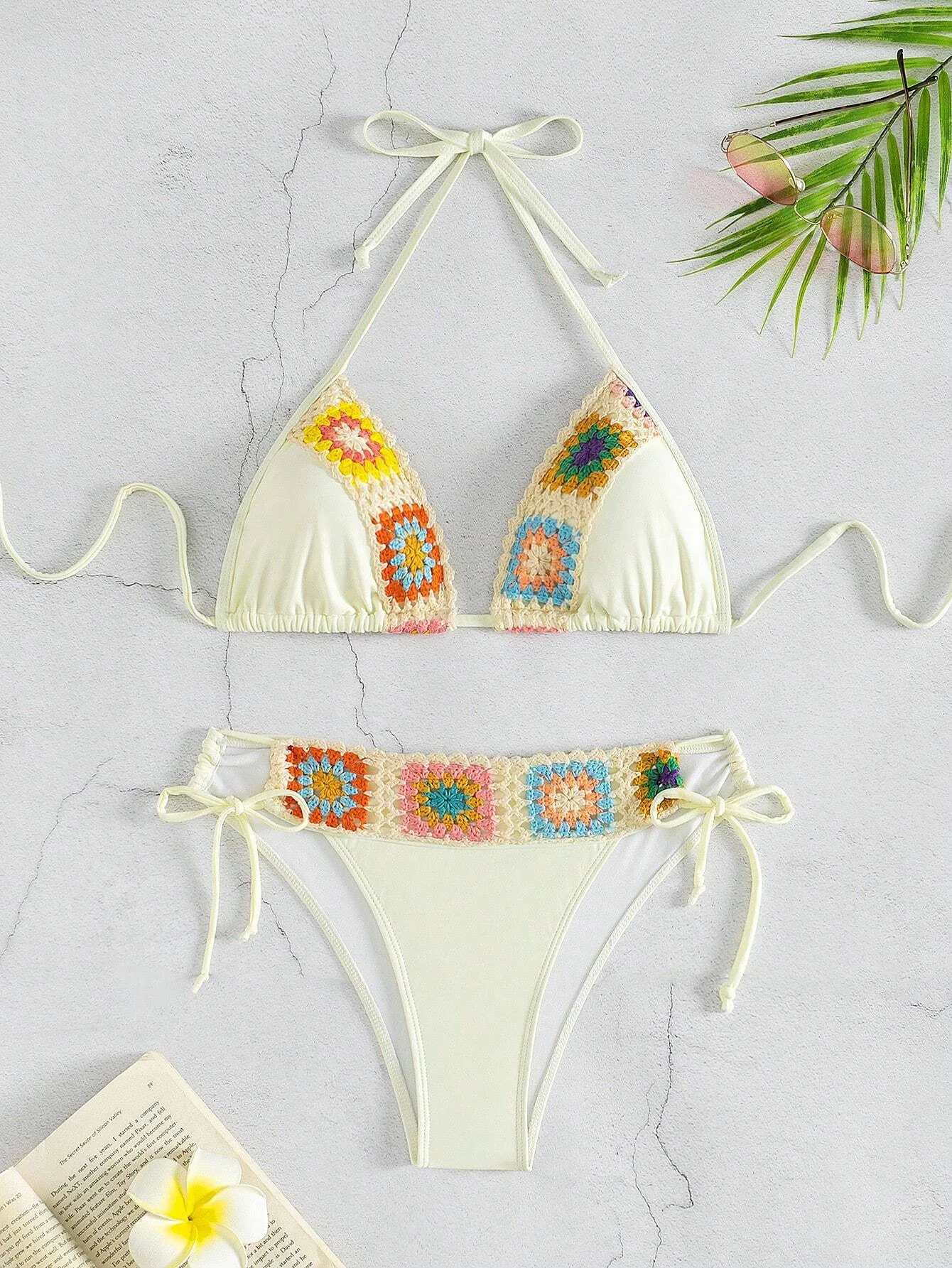 

Сексуальные вязаные купальники в стиле бохо с принтом, комплект из двух предметов, с завязками на шее, пляжная одежда, бикини, танкини