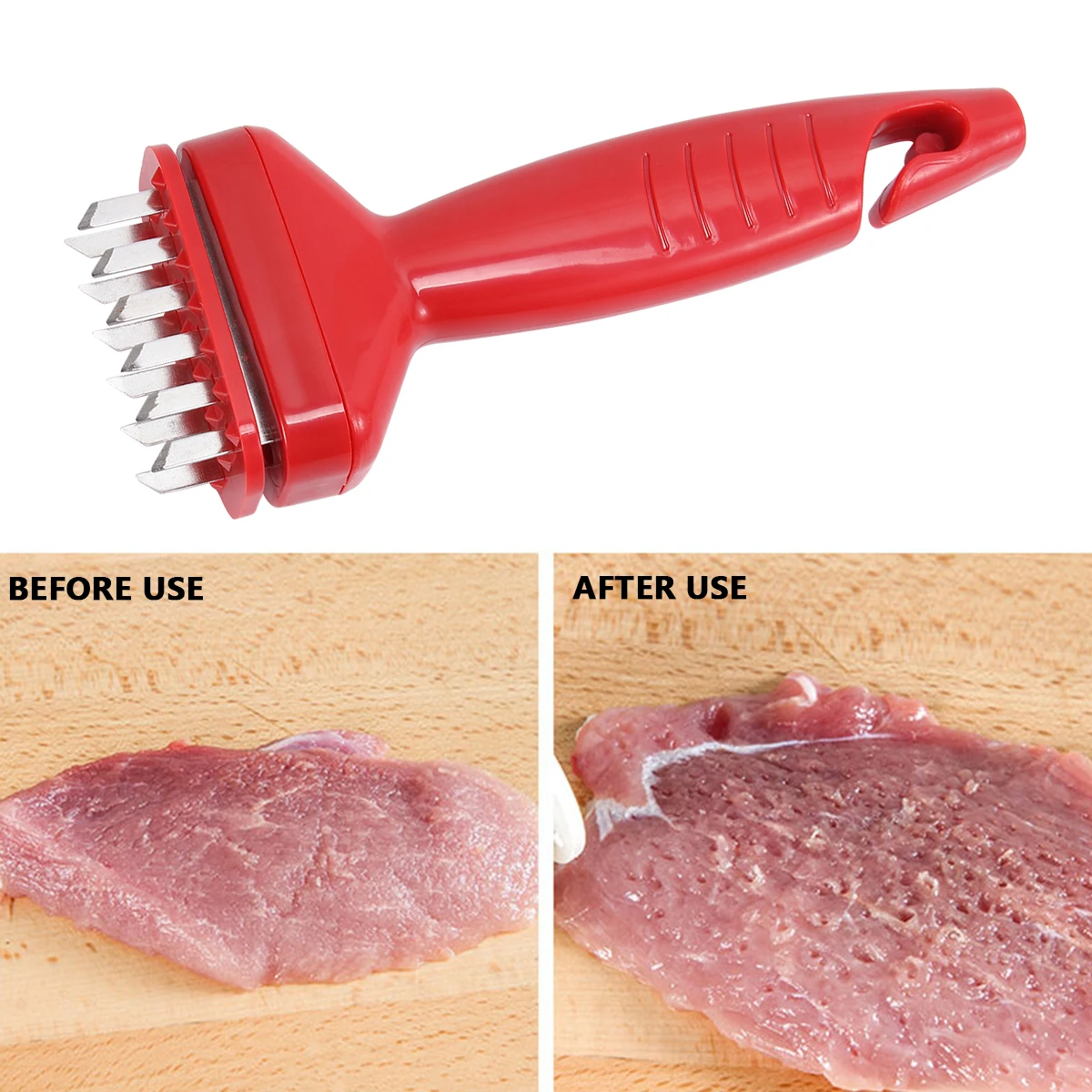Ablandador de carne, aguja roja de acero inoxidable, superficie ancha para carne de res, cerdo, pollo, pescado, filete, herramienta de cocina, preparación de cocción rápida