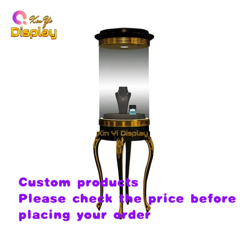 custom.Luxury Stainless Steel Oval Glass Jewelry Display Cabinet With LED Lighting Lockable Design Retail Stores & Shopping