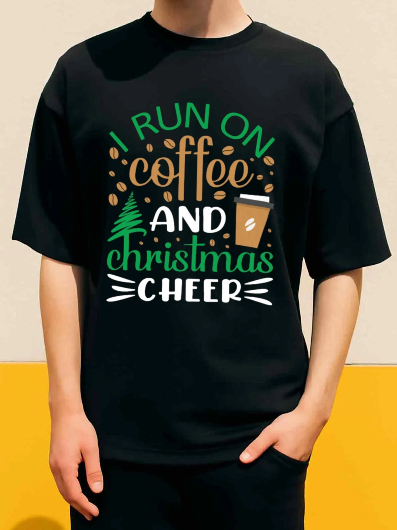 Funny Men's Black Graphic T-Shirt Coffee Cup Coffee Bean Pine Tree Holiday Cheer Slogan Print 100% Cotton Heavyweight Short Sleeve Casual Streetwear Tee