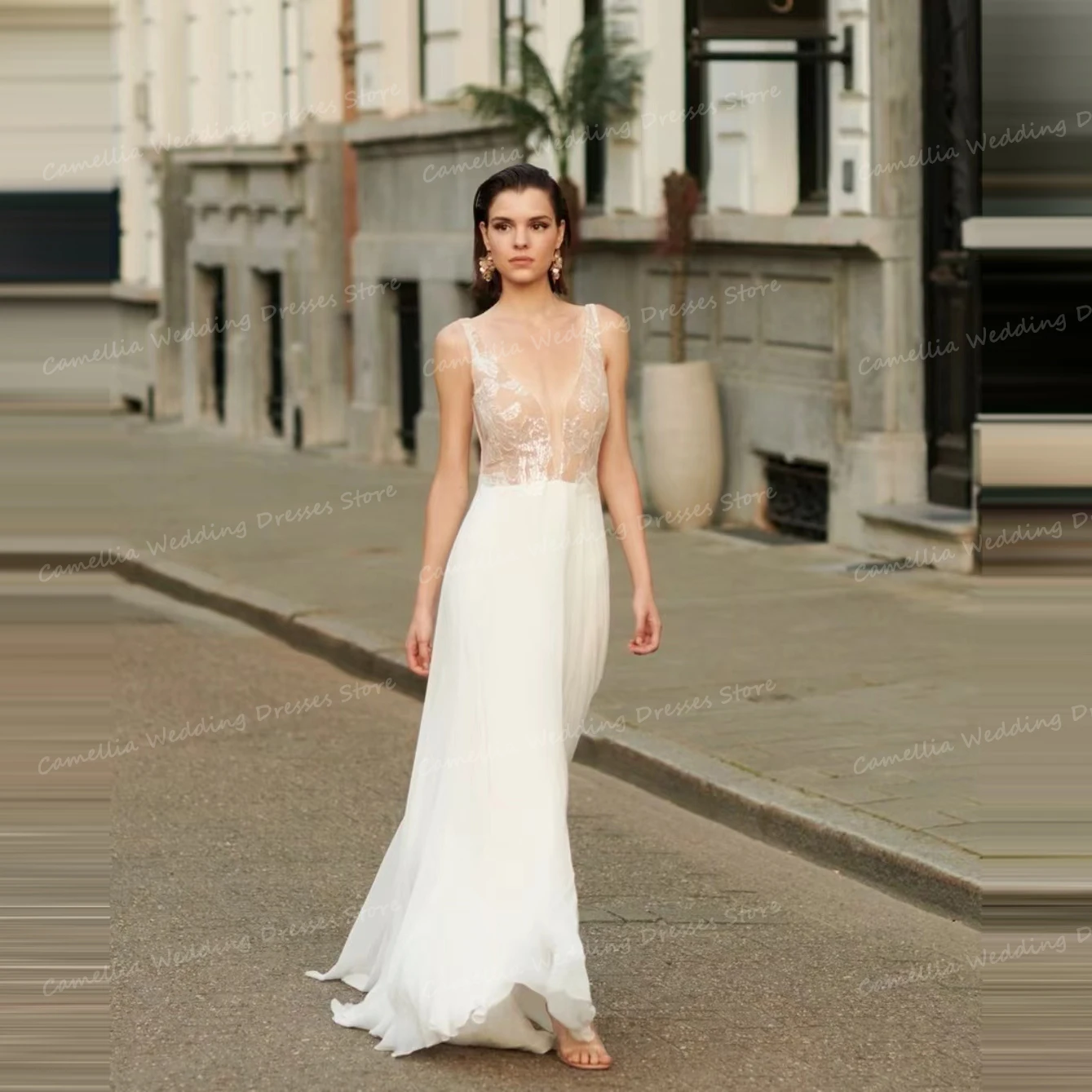 Illusion abiti da sposa con scollo A V A Line abiti da sposa Sexy senza schienale senza maniche pizzo formale eleganti abiti da festa principessa