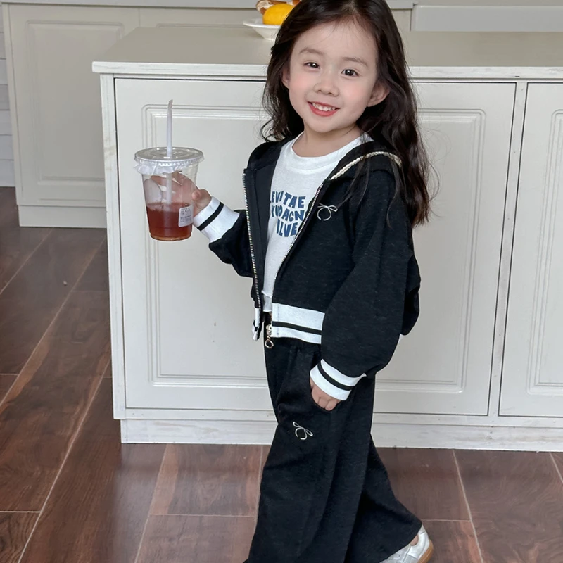 

Girl Two Piece Set 2024 Autumn New Bow Embroidered Hooded Sweatshirt Cardigan Pants Trendy Sports Comfort